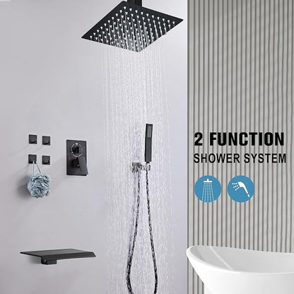 12 Inch Ceiling Mount Shower System Matte Black Rain Mixer Shower Combo Set High Pressure Rainfall Shower Head System Bathroom Luxury Shower Faucet Set Rough-in Valve and Shower Trim Included - Image 5