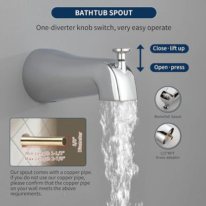 2 Handles Shower Faucet Set with Tub Spout Bathtub Shower Faucet Combo Set Shower System Complete Tub and Shower Trim Kit Chrome Polished Wall Mounted Shower Fixtures - Image 6
