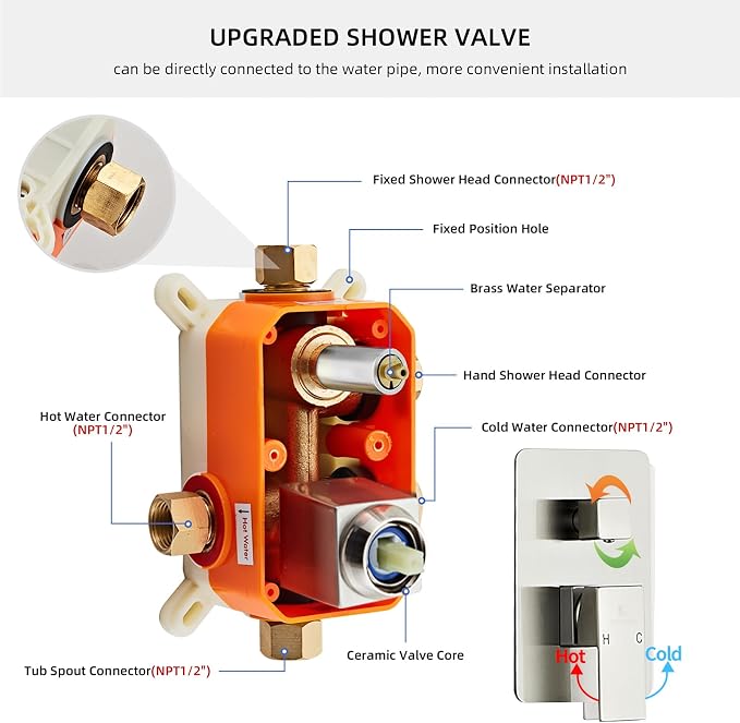 Brushed Nickel Rainfall Shower Faucet Set with Tub Spout 10 Inch, Shower Head and Handle with 2 Hooks, Rain Shower and Handheld Shower System Square Wall Mount for Bathroom - Image 7