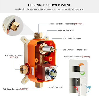 Brushed Nickel Rainfall Shower Faucet Set with Tub Spout 10 Inch, Shower Head and Handle with 2 Hooks, Rain Shower and Handheld Shower System Square Wall Mount for Bathroom - Image 7