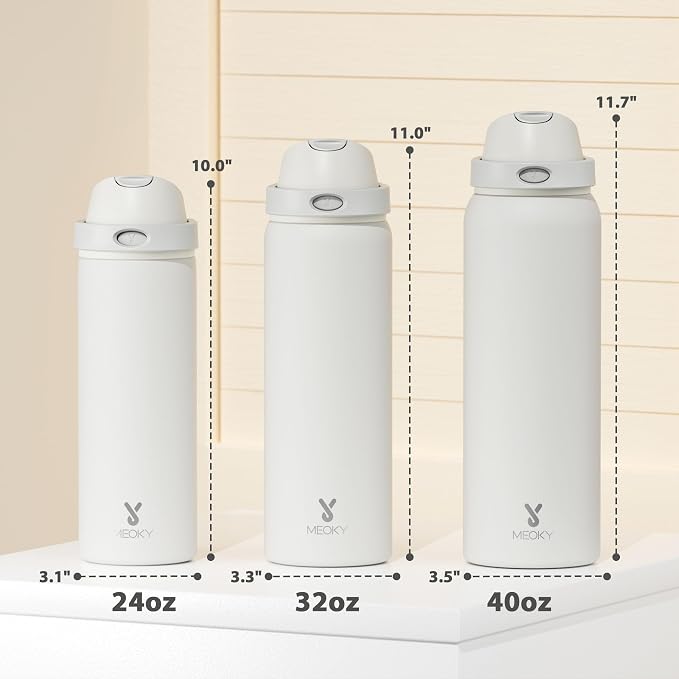 32 oz Insulated Water Bottle with Straw: Meoky Stainless Steel Metal Water Bottle with 2-in-1 Lid - Leak Proof, Cold for 24 Hours, Protective Silicone Base, BPA-Free for Sports Gym, Ivory - Image 3
