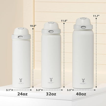 32 oz Insulated Water Bottle with Straw: Meoky Stainless Steel Metal Water Bottle with 2-in-1 Lid - Leak Proof, Cold for 24 Hours, Protective Silicone Base, BPA-Free for Sports Gym, Ivory - Image 3