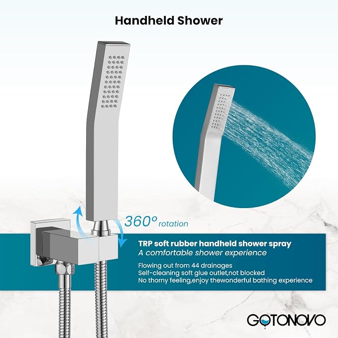 gotonovo 10'' Rain Shower Faucet System Rainfall Shower Head with Handheld Sprayer Waterfall Tub Spout Wall Mounted Mixer Combo Rough-in Valve and Trim Included 5.7 Inch Wide Spout Polished Chrome - Image 9
