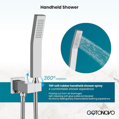gotonovo 10'' Rain Shower Faucet System Rainfall Shower Head with Handheld Sprayer Waterfall Tub Spout Wall Mounted Mixer Combo Rough-in Valve and Trim Included 5.7 Inch Wide Spout Polished Chrome - Image 9