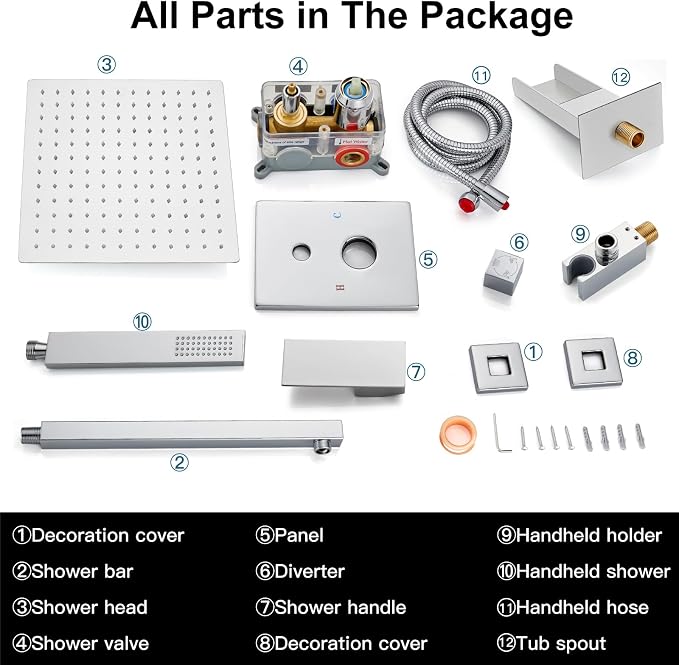 Midanya Rain Shower System Tub Shower Faucet Set Square Rainfall Waterfall Shower Head with Handheld Sprayer Tub Spout Combo Wall Mounted bathtub faucet set Rough-in Valve, 12 Inch Polish Chrome - Image 9