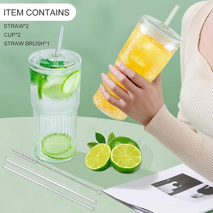 Luiaiog Glass Cups with Lids and Glass Straws, High Borosilicate 20OZ Tumblers (2Pcs) for Coffee, Tea, Juice, Smoothies, Hot/Cold Drinks at Home, Office（Creative Drink Label Design） - Image 5