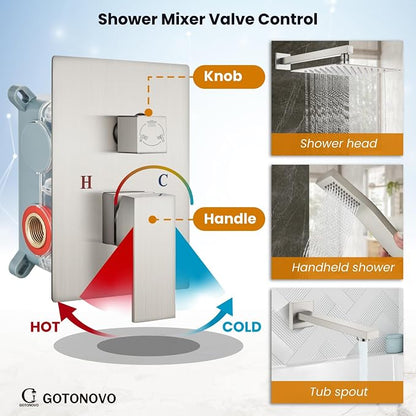 gotonovo Shower System with Tub Spout Wall Mounted Rain Shower Head and Handle Combo Shower Faucet Set with Valve, 12 Inch, Brushed Nickel - Image 3