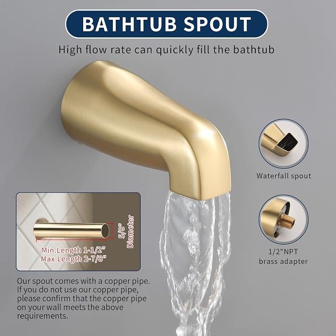 3 Handles Shower Faucet Set with Tub Spout Bathtub Shower Faucet Combo Set Shower System Complete Tub and Shower Trim Kit Brushed Gold Shower Set - Image 5