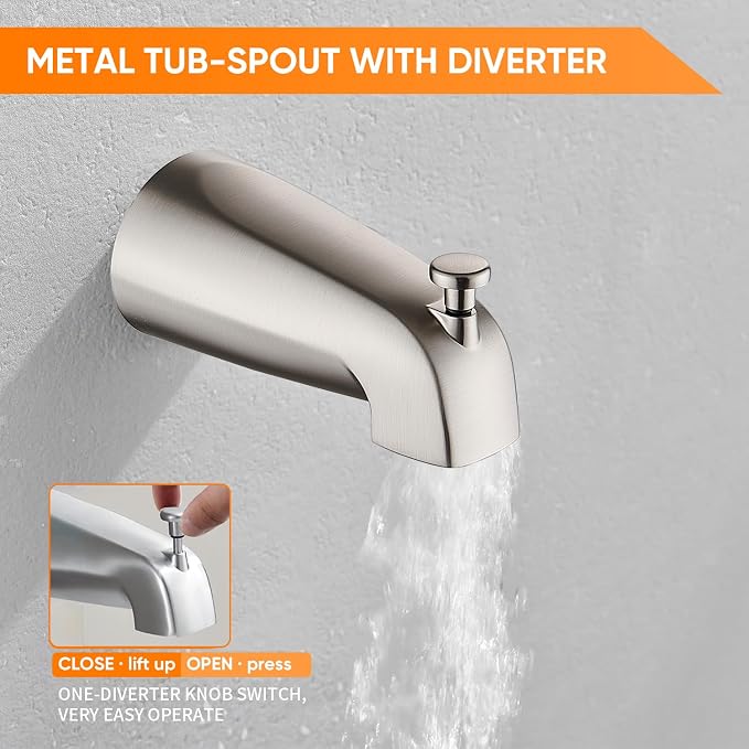 Brushed Nickel Tub Shower Faucet Set Complete with 6-Inch Rainfall Shower Head and Tub Spout Included Shower Valve Tub Shower Trim Kit Round - Image 6