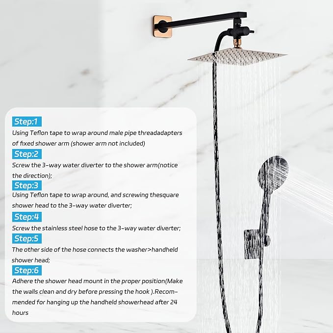 Shower Head 8'' High Pressure Rainfall, Handheld Shower Combo with 11'' Extension Arm, 5 Spray, Anti-leak Luxury Premium Quality, Rainfall Shower Head with Handheld Spray Combo, Rose Gold - Image 6