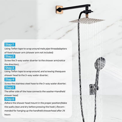 Shower Head 8'' High Pressure Rainfall, Handheld Shower Combo with 11'' Extension Arm, 5 Spray, Anti-leak Luxury Premium Quality, Rainfall Shower Head with Handheld Spray Combo, Rose Gold - Image 6