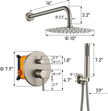 MONDAWE Round Shower Faucet Set, Wall Mounted Shower System 10 Inch Rainfall Shower Head with Handheld Combo, Brushed Nickle High Pressure Shower Set -Valve Included - Image 6