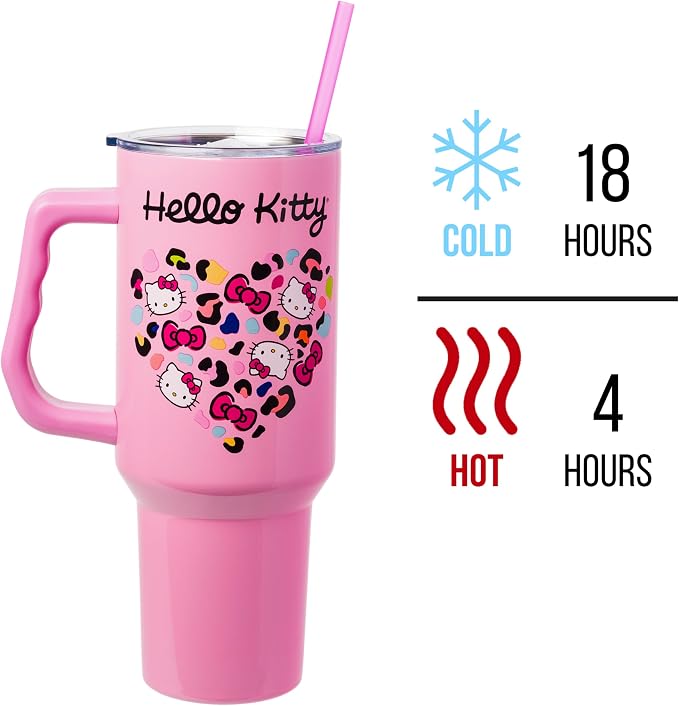 Silver Buffalo Sanrio Hello Kitty Leopard Jungle Cat Print and Bows Heart Double Walled Stainless Steel Tumbler with Handle and Straw, Fits in Standard Cup Holder, 40 Ounces - Image 3