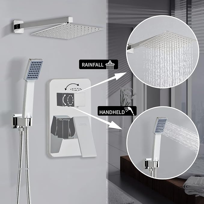 Shower Head - Shower Faucet Set Square Shower Combo System with 8'' Rainfall Shower Head Wall Mount Handheld Shower, Stainless Steel with Chrome Finish Bath Shower Head,Chrome - Image 2