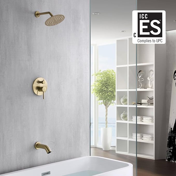 sumerain Pressure Balance Shower and Tub Faucet Set Brushed Gold with Tub Spout, 8" Shower Head, High Flow - Image 2
