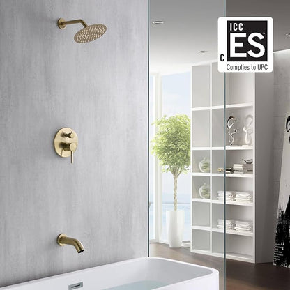 sumerain Pressure Balance Shower and Tub Faucet Set Brushed Gold with Tub Spout, 8" Shower Head, High Flow - Image 2