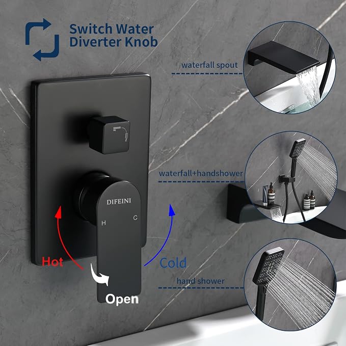 Wall Mount Waterfall Bathtub Faucets with Sprayer Tub Filler Faucet Tub Shower Faucet Set with Rough-in Valve Trim Kit Matte Black - Image 4