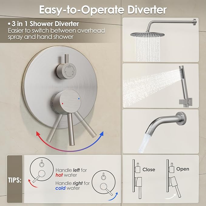 Gabrylly Bathtub Shower Faucet Set, Tub Shower System with 3-Way Shower Valve, High Pressure 10" Rain Shower head with Handheld Spray Combo, Wall Mounted Rainfall Shower Head Set, Brushed Nickel - Image 6