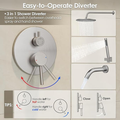 Gabrylly Bathtub Shower Faucet Set, Tub Shower System with 3-Way Shower Valve, High Pressure 10" Rain Shower head with Handheld Spray Combo, Wall Mounted Rainfall Shower Head Set, Brushed Nickel - Image 6