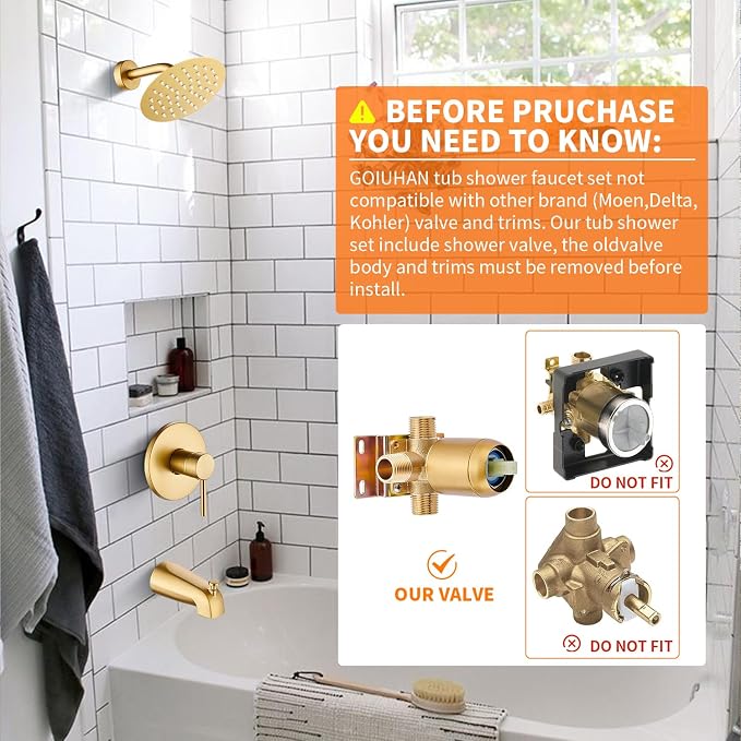 Brushed Gold Tub Shower Faucet Set Complete with 6-Inch Rainfall Shower Head and Tub Spout Included Shower Valve Tub Shower Trim Kit Round - Image 3