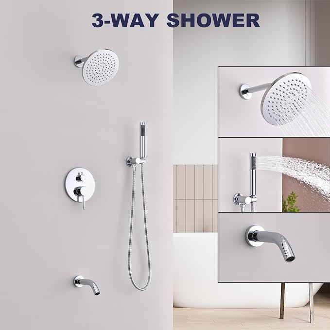 Shower System with Tub Spout, Bathtub Shower Faucet Set, 8" Rain Shower Head and Handheld Spray Combo, Round Shower Head and Handle Set with Tub Spout (Valve Included), Polished Chrome - Image 4