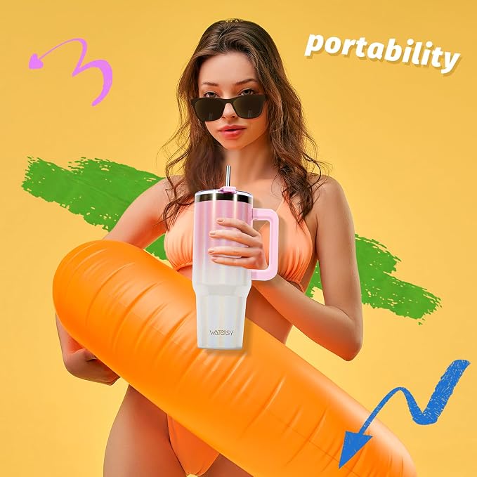 40 oz Shiny Tumbler with Handle and Straw,Stainless Steel Tumbler with Lid and Straw,Insulated Travel Mug(Cold for 34 Hours),Water Bottle for Iced Tea,Coffee (Pink) - Image 6