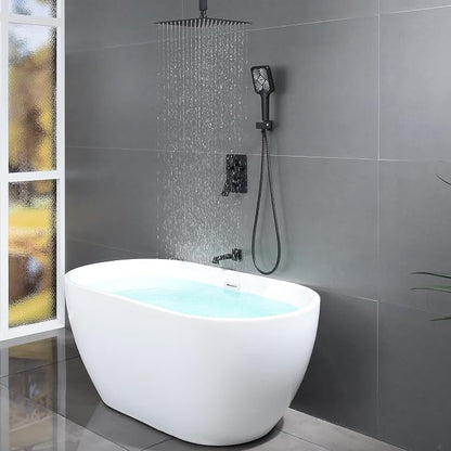 Bathtub Shower Faucet Set with Pressure Balance Valve, 12" Ceiling Mount Shower System with Tub Spout Multi-function Handheld Head Push Button Diverter Shower Trim Kit, Matte Black - Image 2
