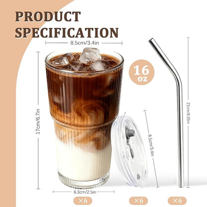 6 Packs Ribbed Glass Tumbler with Lid and Straw 16 oz Cute Ice Coffee Cup Set Bulk Vasos de Vidrio Con Tazas Para Cafe Cocina Accesorios Home Bar Accessories New Slushie House Gift Kitchen Stuff - Image 2