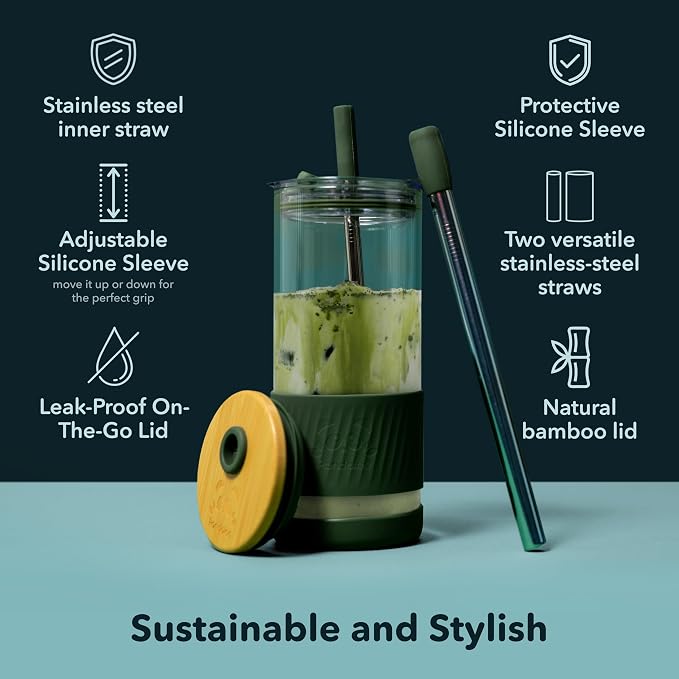 Pandaloo® Glass Cups With Lids and Straws -20 Fl Oz- Perfect Size Iced Coffee Cup - Smoothie Cup With Bamboo Lid and On the go Lid - Glass Tumbler (2 Count (Pack of 1), Intense Teal-Galactic Blue) - Image 3