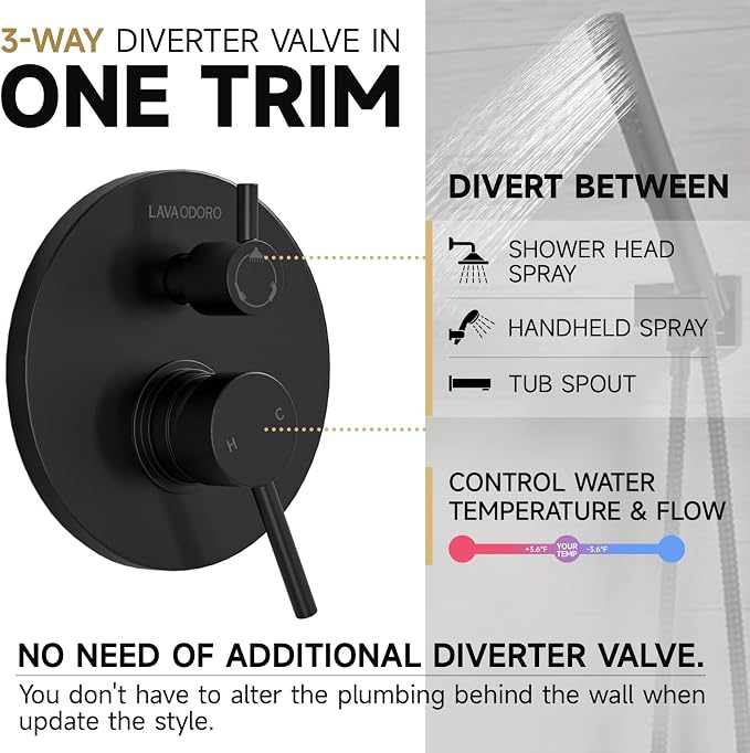 Lava Odoro Modern 3-Setting Round Rain Bathtub and Shower Faucet Set, Black Rainfall Shower Head and Handle Set, Rain Shower System with Tub Spout, Shower Valve Trim Kit, Matte Black, SF104-MB-T - Image 7