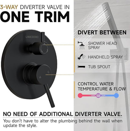 Lava Odoro Modern 3-Setting Round Rain Bathtub and Shower Faucet Set, Black Rainfall Shower Head and Handle Set, Rain Shower System with Tub Spout, Shower Valve Trim Kit, Matte Black, SF104-MB-T - Image 7