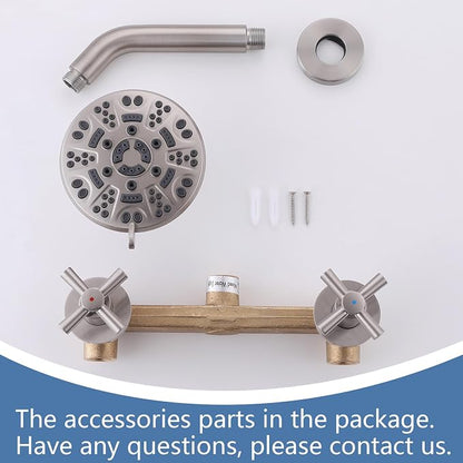 2 Handle Shower Faucet,Wall Mounted Two Handles Shower Faucet Set with 8 Modes Rainfall Shower Head,2 Knobs Single Function Shower Trim Kit with Rough-in Valve,Brushed Nickel - Image 7