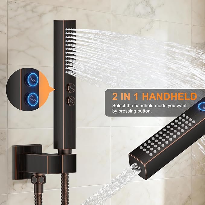 Oil Rubbed Bronze Shower System with Tub Spout, Ceiling Mounted Bathtub Shower Faucet Set, 12" Rainfall Shower Head and Handheld Shower Combo, High Pressure Shower Fixtures Set with Rough-in Valve - Image 4