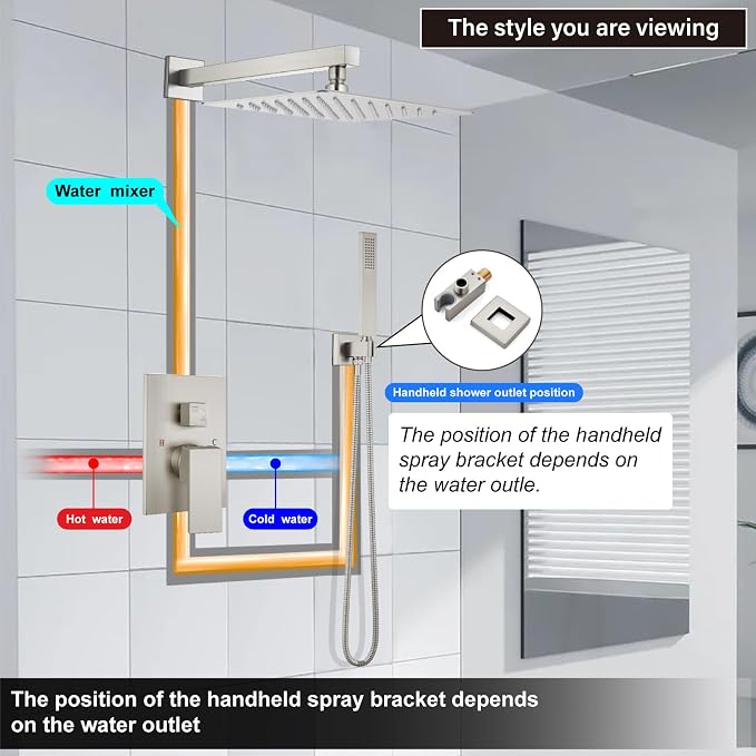 Midanya Shower Faucet Set,Wall Mount Shower System with Square Rain Shower Head and Hand Sprayer, Rough-in Valve Body and Trim Kit Included,12 Inch,Brushed Nickel - Image 9