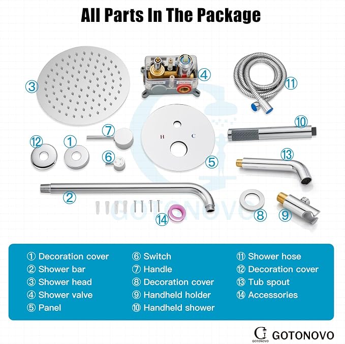 gotonovo Shower System with Tub Spout Wall Mount 3 Function Rough-in Valve Bathtub Shower Faucets Set Complete Rain 10 Inch Round Showerhead Trim Kit Combo, Cylindrical Handheld, Polish Chrome - Image 9