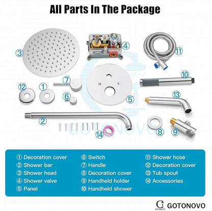 gotonovo Shower System with Tub Spout Wall Mount 3 Function Rough-in Valve Bathtub Shower Faucets Set Complete Rain 10 Inch Round Showerhead Trim Kit Combo, Cylindrical Handheld, Polish Chrome - Image 9