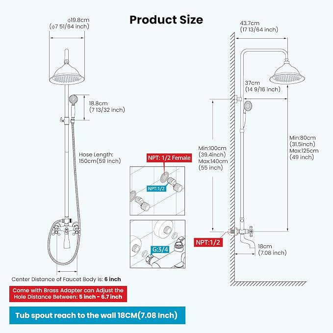 gotonovo Bathroom Exposed Shower Faucet Outdoor Shower System 8 Inch Rainfall Shower Head Set with Tub Spout and Handheld Spray Double Cross Handles Wall Mount without Shower Shelf Polished Chrome - Image 6