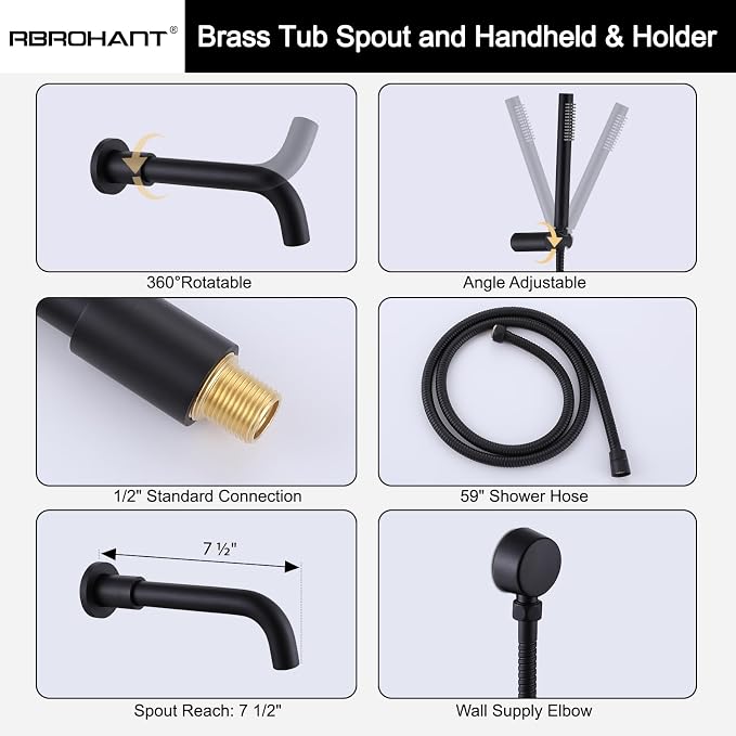 RBROHANT Matte Black Shower System with Tub Spout, Brass Bathtub Shower Faucet Set with 3 Way Rough-in Valve,10 Inch Round Shower Head Set with Tub Spout and Handheld, JK0300 - Image 5