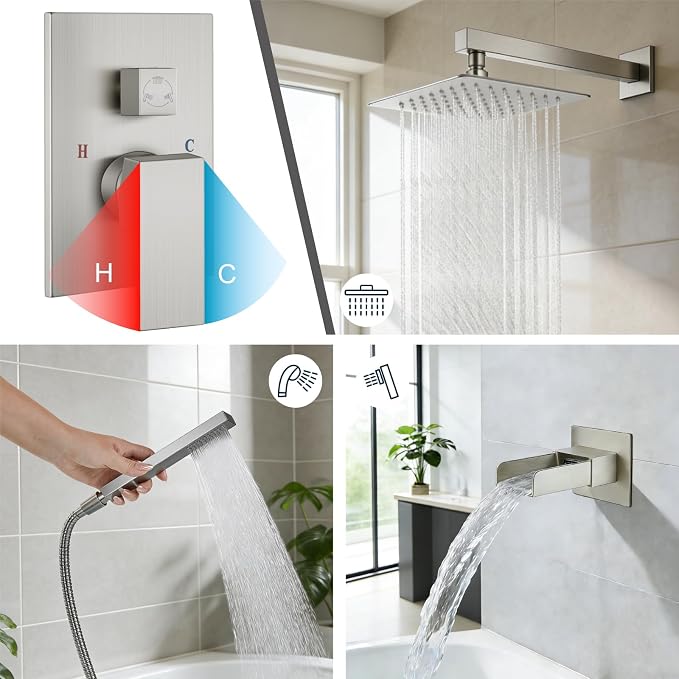 Midanya Rain Shower System Tub Shower Faucet Set Square Rainfall Waterfall Shower Head with Handheld Sprayer Tub Spout Combo Wall Mounted bathtub faucet set Rough-in Valve, 12 Inch Brushed Nickel - Image 4