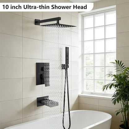 Midanya Rain Shower System Tub Shower Faucet Set Square Rainfall Waterfall Shower Head with Handheld Sprayer Tub Spout Combo Wall Mounted bathtub faucet set Rough-in Valve, 10 Inch Matte Black - Image 2