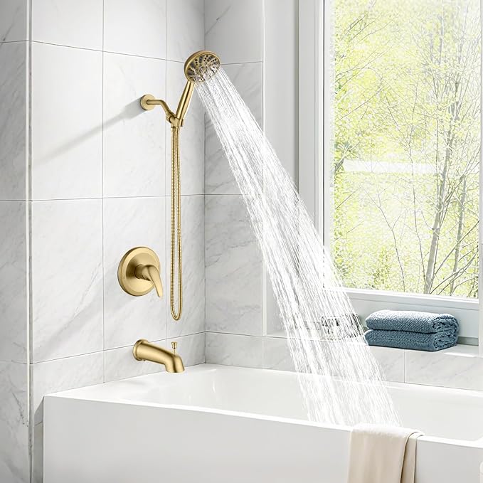 gotonovo Bathroom Shower Head Kit High Pressure Combo System Shower Faucet 6 Modes ABS Handheld Spray Shower Trim Kit Valve Included Shower Head and Handle Set Brushed Gold - Image 6