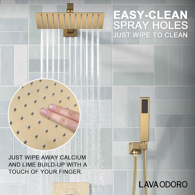 Lava Odoro Modern 3-Setting Square Shower and Tub Faucet Set with Shower Head and Handheld Sprayer Gold, Rainfall Shower System with Tub Spout, Shower Valve Trim Kit, Champagne Gold, SF103-SG-T - Image 5
