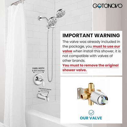 gotonovo Tub Shower Faucet Set,2 in 1 Dual Shower Head and Handle Set with Tub Spout Wall Mount Bathroom Shower Trim Kit with 3-way Water Diverter Valve Included Various Modes Polished Chrome - Image 2