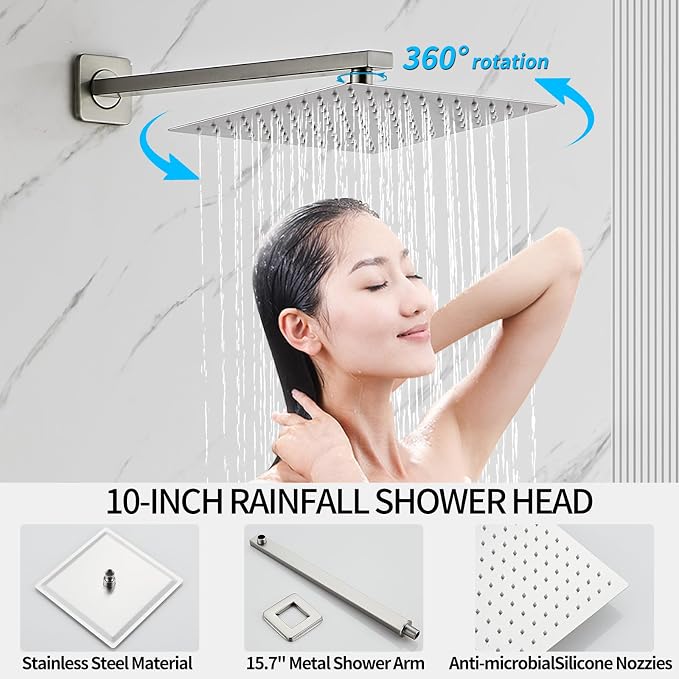 Brushed Nickel Rainfall Shower Faucet Set with Tub Spout 10 Inch, Shower Head and Handle with 2 Hooks, Rain Shower and Handheld Shower System Square Wall Mount for Bathroom - Image 4