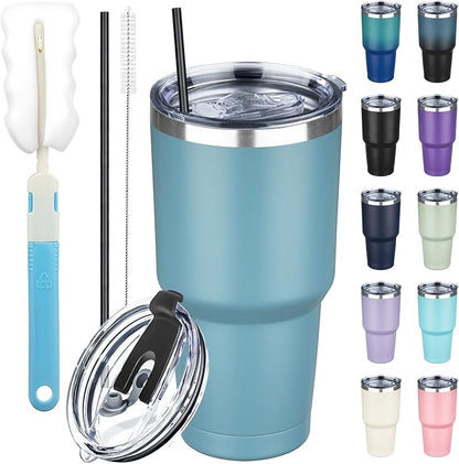 30 oz Tumbler with Lids and Straws, Stainless Steel Insulated Coffee Tumbler, Double Wall Vacuum Insulated Travel Mug Cup, Leakproof Thermal Coffee Cup for Hot and Cold Drinks (Azure Blue) by GUDEMAO