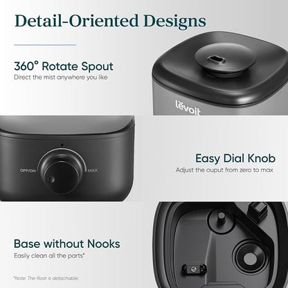 LEVOIT Classic 160 Top-Fill Ultrasonic Cool Mist Humidifier, Super Easy to Fill and Clean, Quiet Operation for Bedroom Home Baby & Plants, Auto Shut-off for Safety, 360° Rotating Nozzle, 2.5L, Black - Image 7