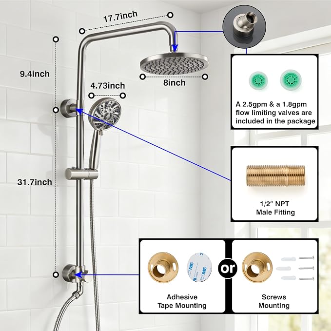 Midanya Retrofit Rain Shower System Wall Mount 8 Inch Rainfall Shower Head with 5-setting Handheld Spray Combo with Slide Bar,Brushed Nickel - Image 3