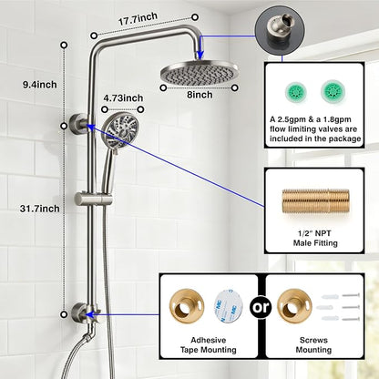 Midanya Retrofit Rain Shower System Wall Mount 8 Inch Rainfall Shower Head with 5-setting Handheld Spray Combo with Slide Bar,Brushed Nickel - Image 3