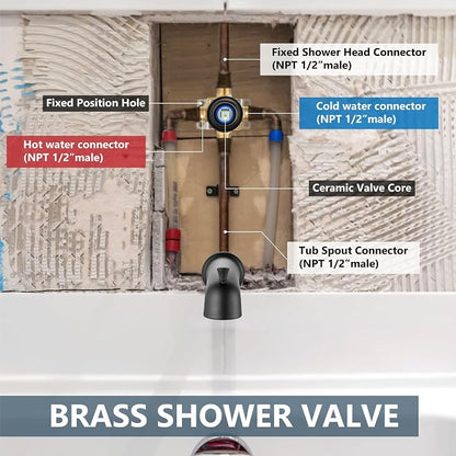 Aolemi Tub Shower Faucet Set With Valve Wall Mount Shower Trim Kit 6 Inch Bathtub Fixtures Rough-in Valve Single-Spray Shower Head System 5.3 Inch Tub Spout Matte Black Modern - Image 5