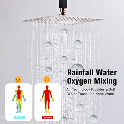 12 Inch Ceiling Mount Shower System Matte Black Gold Rain Mixer Shower Combo Set High Pressure Rainfall Shower Head System Bathroom Luxury Shower Faucet Set Rough-in Valve and Trim Included - Image 2